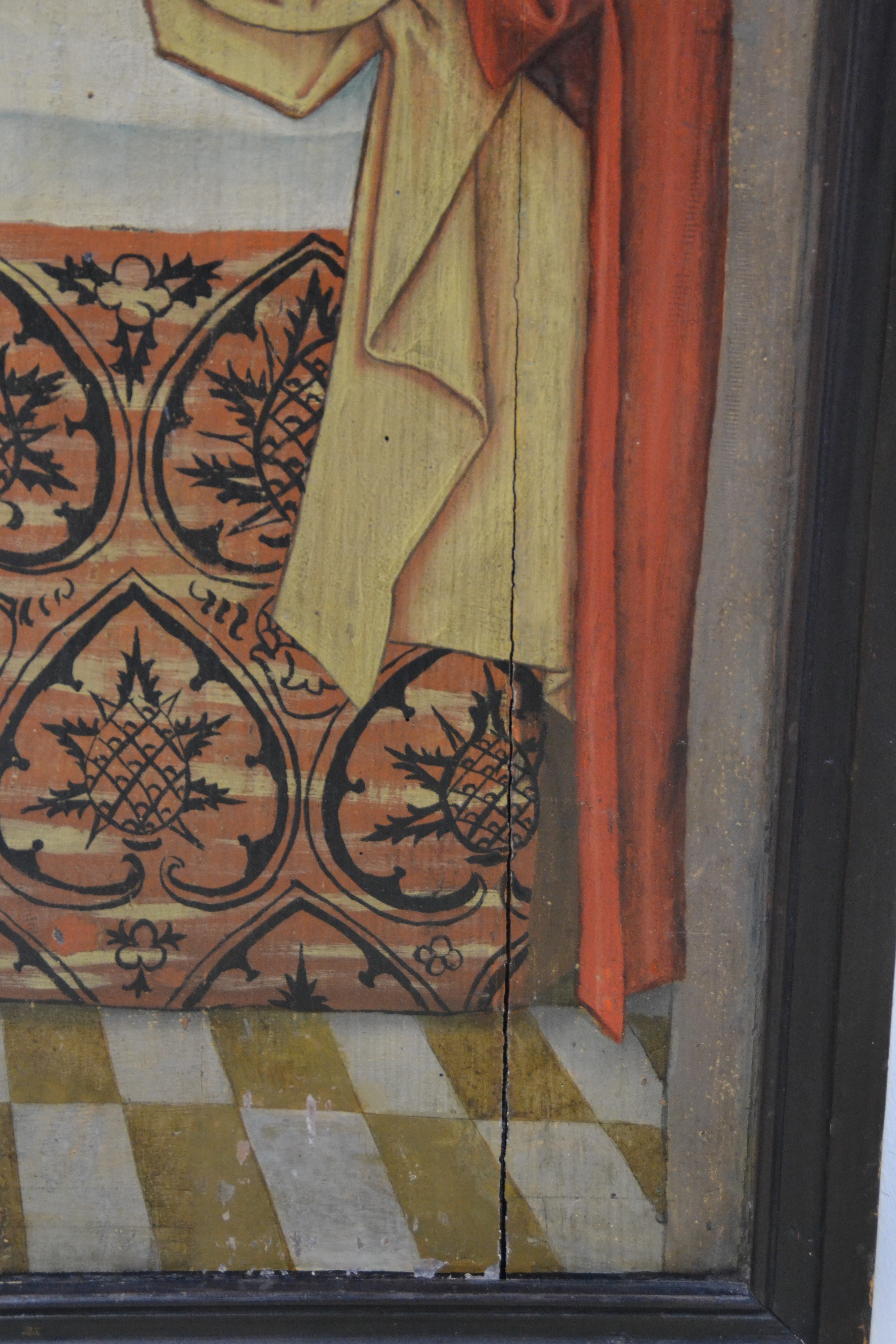 Detail h: Retabel-Flügel, süddeutsch, ausgehendes 15.Jh., recto: Die Heimsuchung Maria und Jesu Darbringung im Tempel, verso: Standbild eines Heiligen im ...