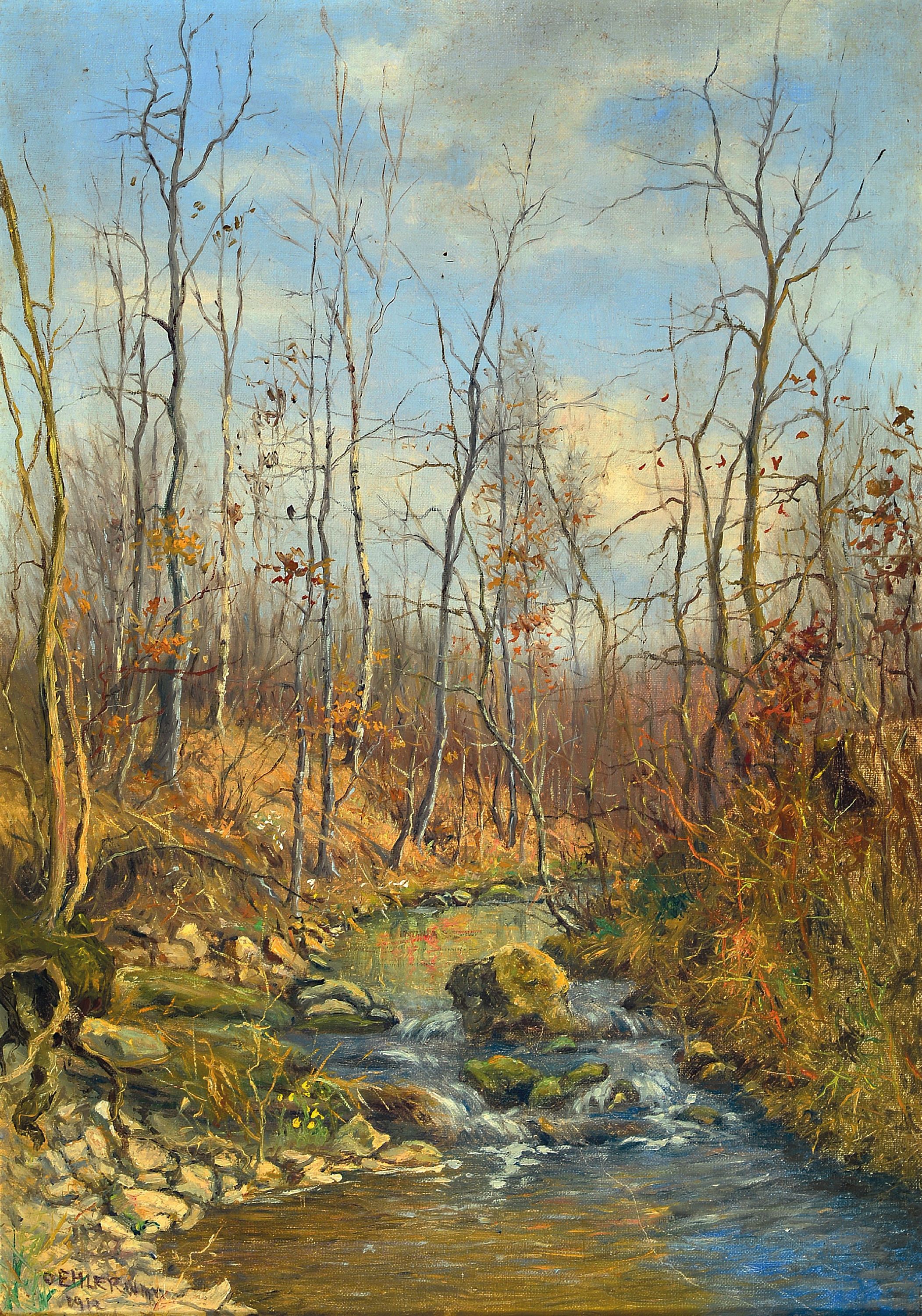 Image 27116141 - Max Oehler, 1881 Eisenach-1943 Weimar, spätherbstlicher Bachlauf unter blauem Himmel, ...