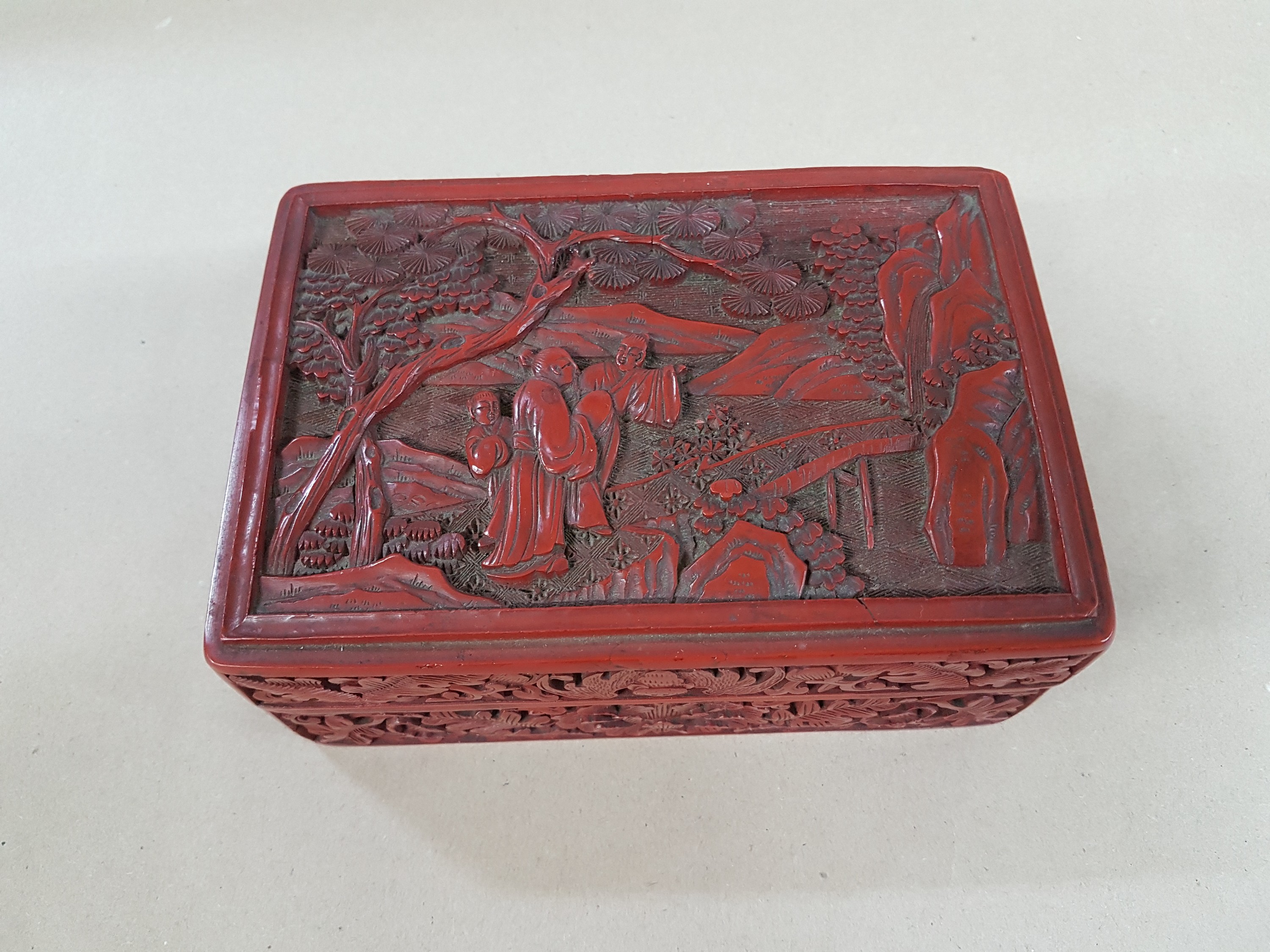 Detail j: Rotlackdose, China, Quing-Dynastie bzw. um 1900, Holzkorpus, Rotlack umlaufend geschnitzt z.T. Fledermausmotive als Glückssymbolik, Deckel mit ...