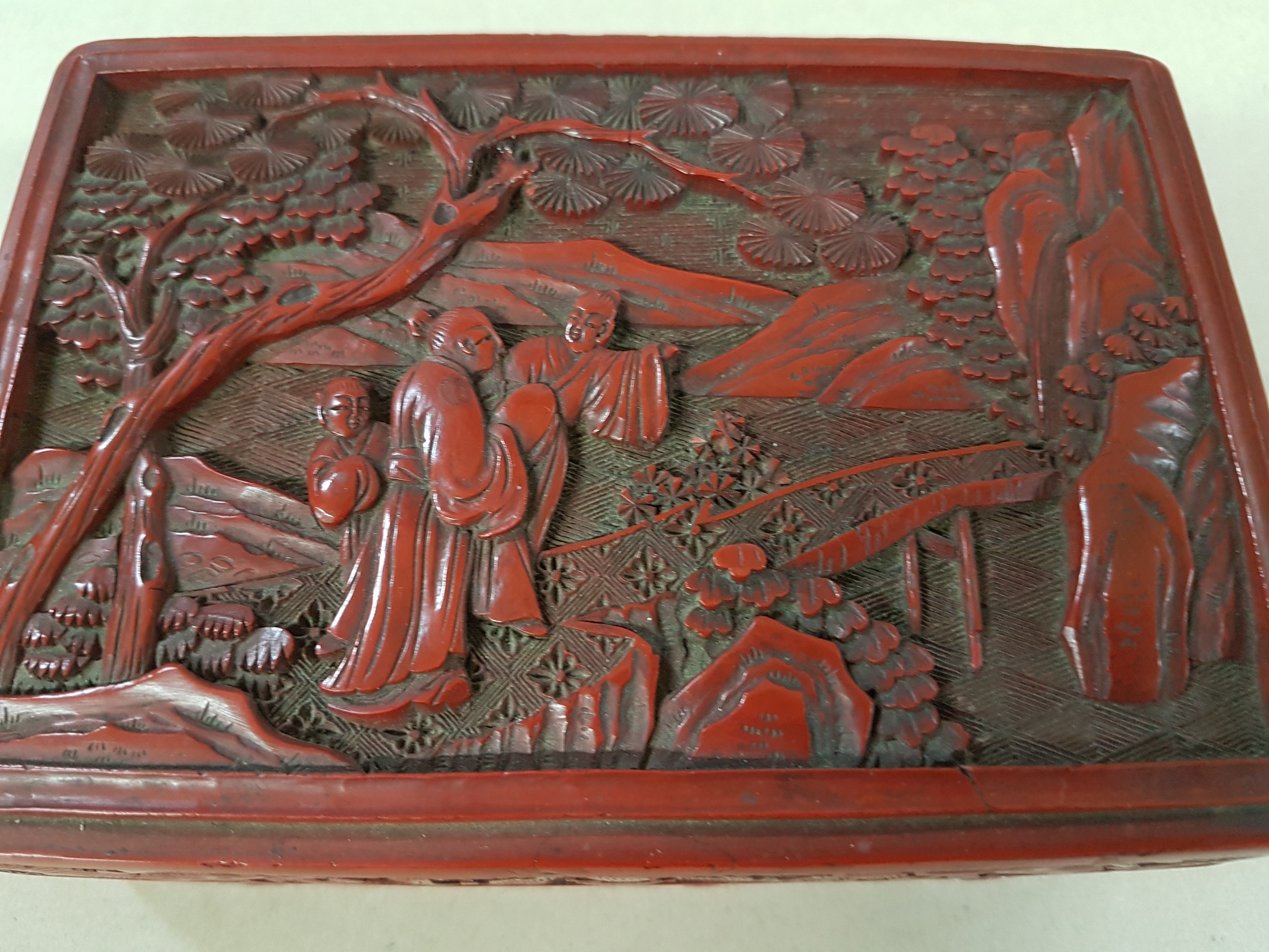 Detail k: Rotlackdose, China, Quing-Dynastie bzw. um 1900, Holzkorpus, Rotlack umlaufend geschnitzt z.T. Fledermausmotive als Glückssymbolik, Deckel mit ...