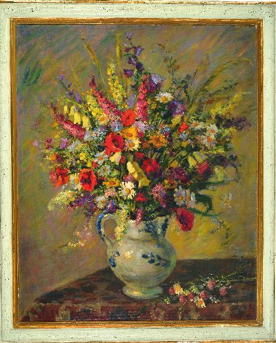 27116100k - Richard Mund, 1885 Ramstein-1968 München, Sommerblumen in blau-weißem Porzellankrug, ...