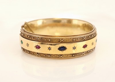 27116104b - 14 kt Gold Farbstein-Diamant-Armreif, Niederlande, um 1920-30, GG 583/000, hohl ...