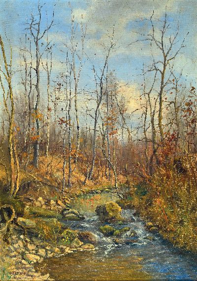 Image Max Oehler, 1881 Eisenach-1943 Weimar, spätherbstlicher Bachlauf unter blauem Himmel, ...