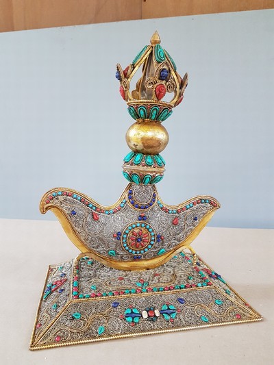 27116146p - Dekorativer Ritualdolch bzw. Kartika, Nepal, 19./20.Jh., Kupfer und wohl Bronze, gold ...