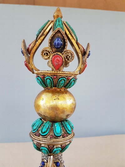 27116146r - Dekorativer Ritualdolch bzw. Kartika, Nepal, 19./20.Jh., Kupfer und wohl Bronze, gold ...