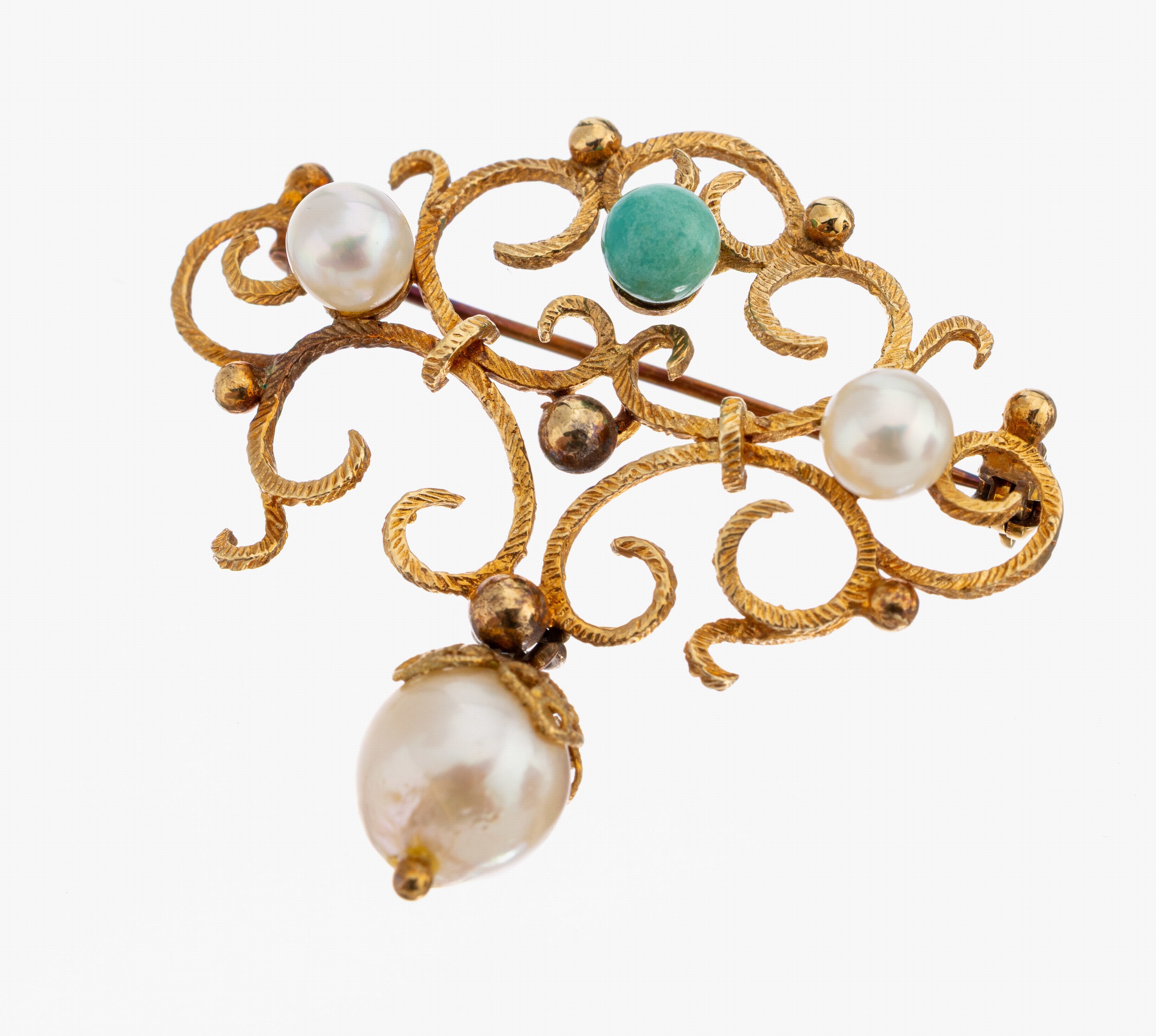 Image 27116325 - 14 kt Gold Perl-Türkis-Brosche, GG 585/000,Oberfläche strukt., aus Voluten, 3 ...