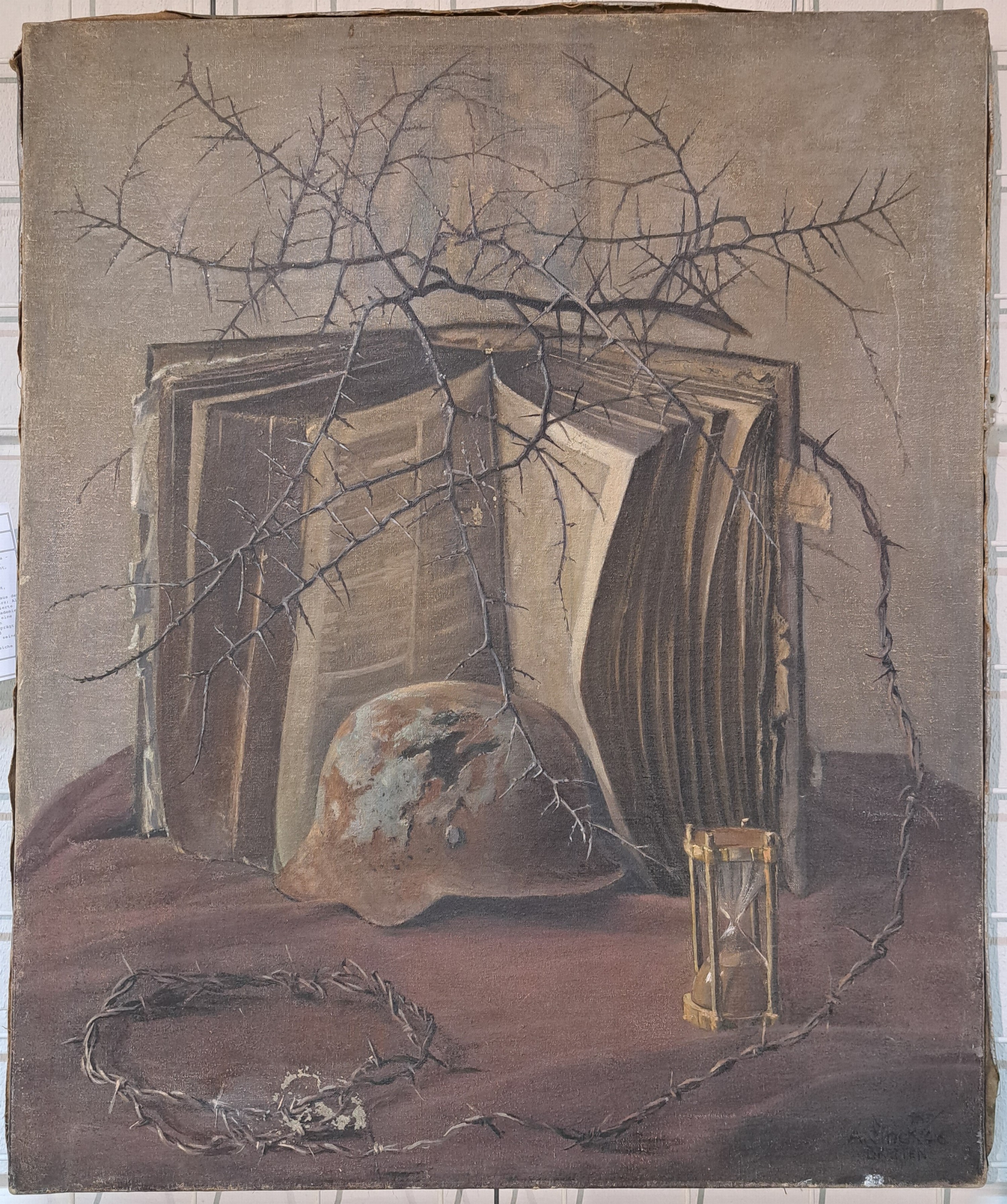 Detail a: Albert Finck, 1895-1958 Bretten, Militaria -Stillleben im Kontext des 2.WK, mit Stahlhelm, Dornenranke, Stacheldraht, aufgeschlagenem Buch und einem ...