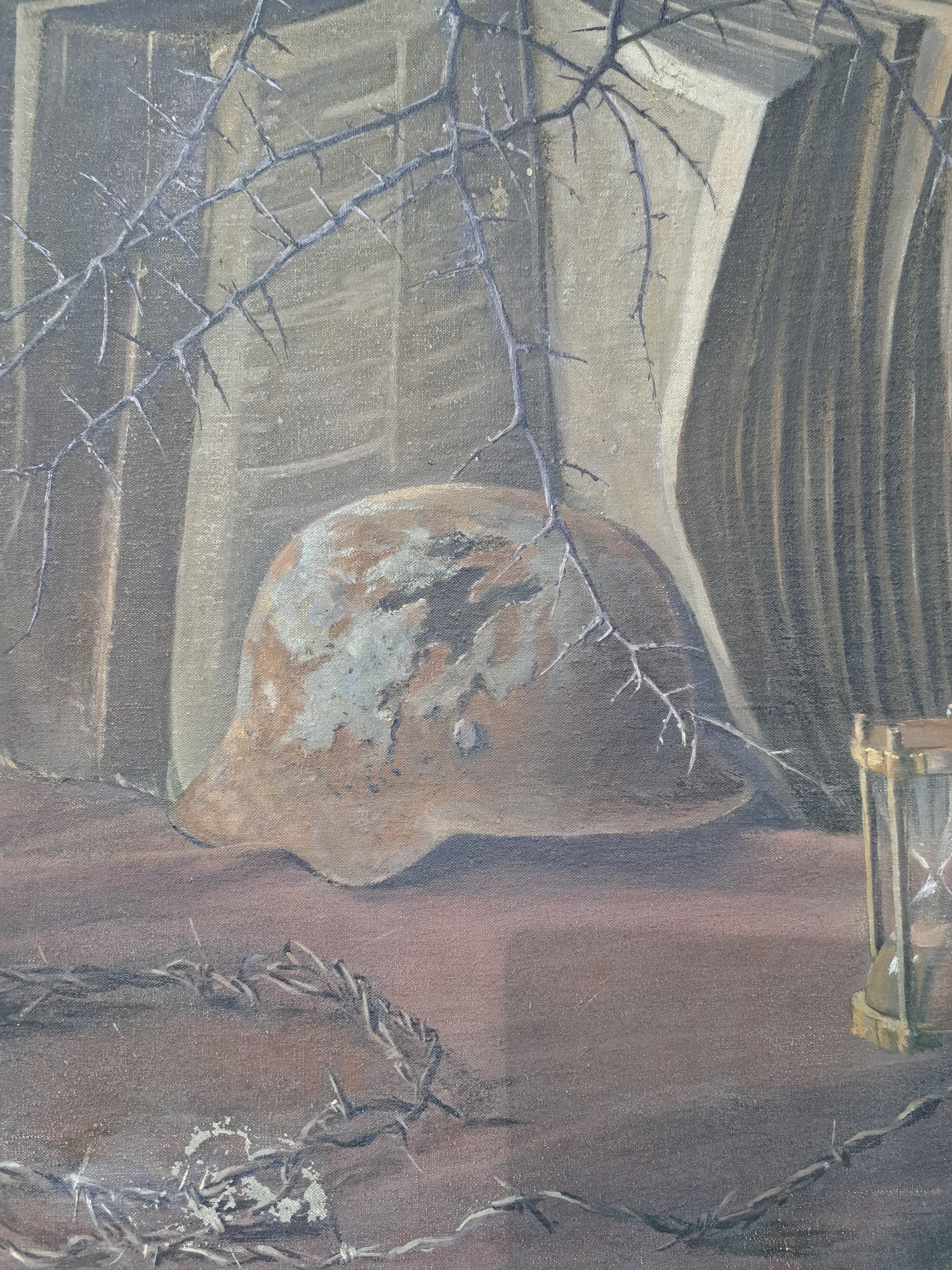 Detail f: Albert Finck, 1895-1958 Bretten, Militaria -Stillleben im Kontext des 2.WK, mit Stahlhelm, Dornenranke, Stacheldraht, aufgeschlagenem Buch und einem ...