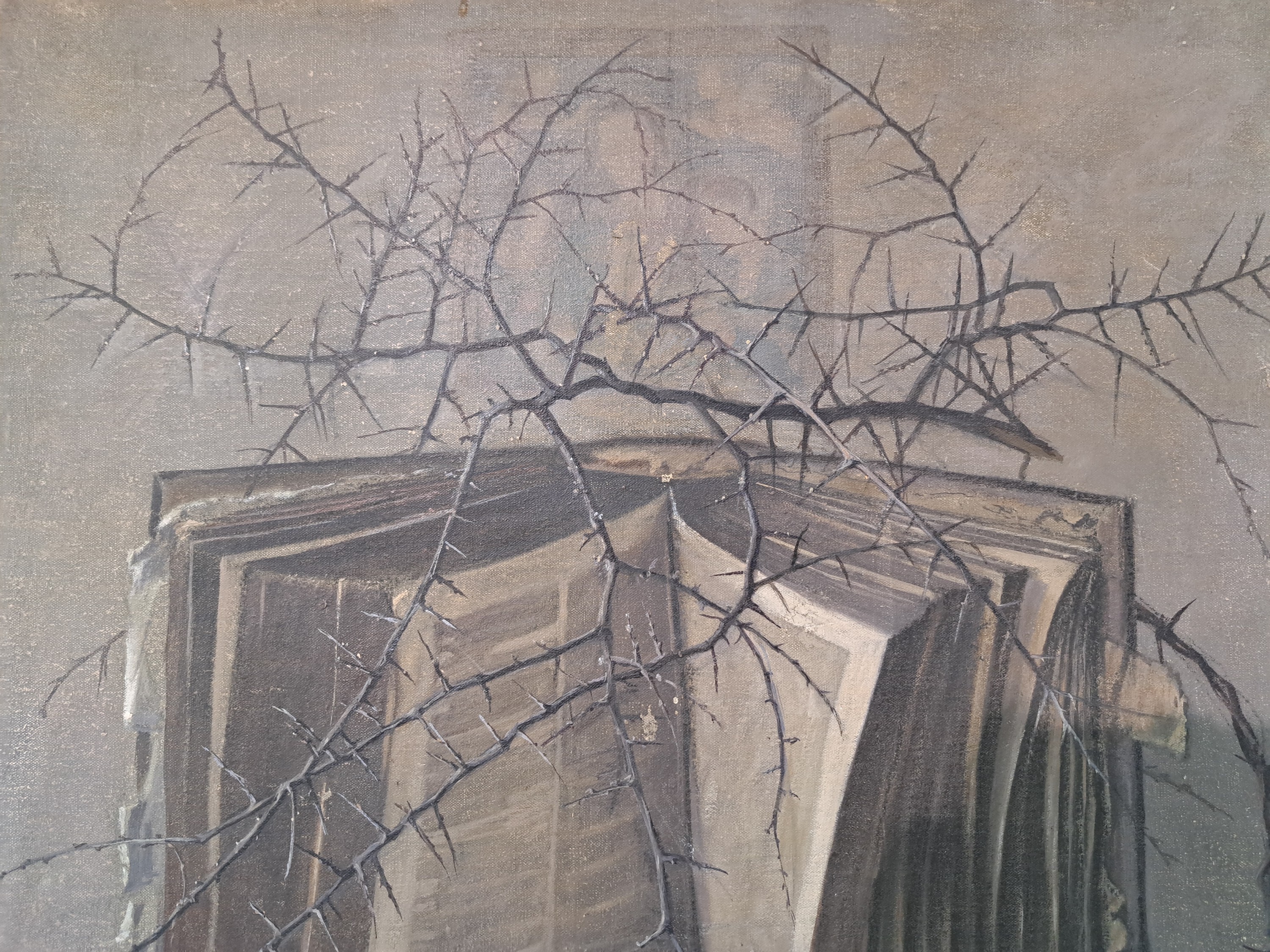 Detail g: Albert Finck, 1895-1958 Bretten, Militaria -Stillleben im Kontext des 2.WK, mit Stahlhelm, Dornenranke, Stacheldraht, aufgeschlagenem Buch und einem ...