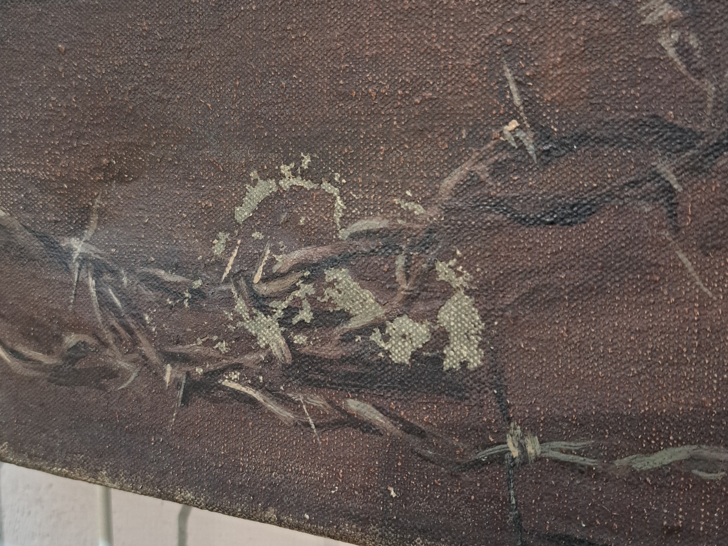 Detail h: Albert Finck, 1895-1958 Bretten, Militaria -Stillleben im Kontext des 2.WK, mit Stahlhelm, Dornenranke, Stacheldraht, aufgeschlagenem Buch und einem ...