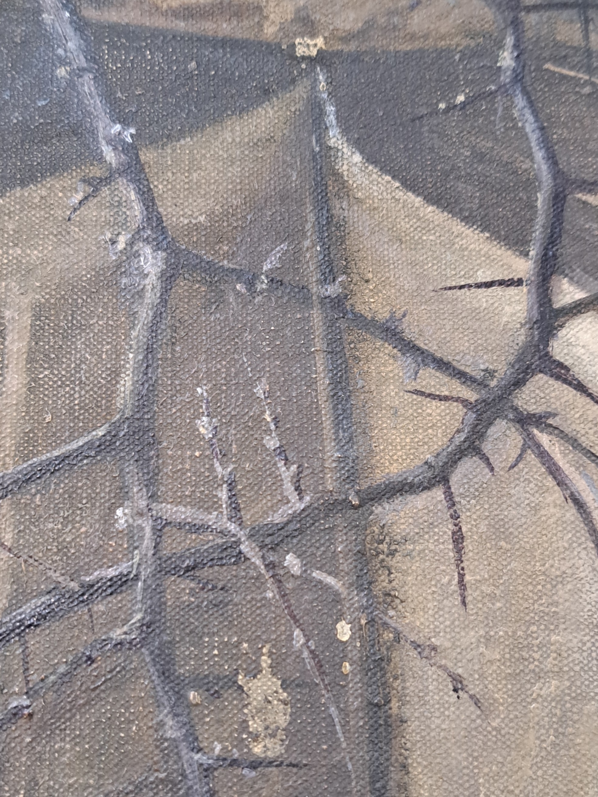 Detail q: Albert Finck, 1895-1958 Bretten, Militaria -Stillleben im Kontext des 2.WK, mit Stahlhelm, Dornenranke, Stacheldraht, aufgeschlagenem Buch und einem ...