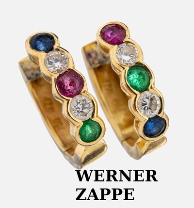Image Paar 18 kt Gold WERNER ZAPPE Farbstein -Brillant-Ohrcreolen, GG 750/000, schlichtes ...