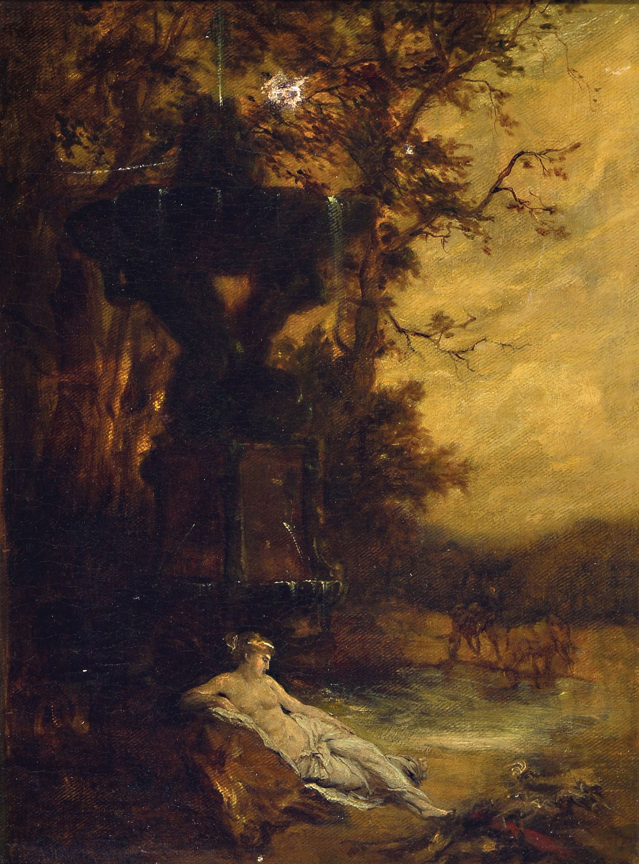 Image 27116521 - Prof. August Holmberg, 1851-1911 München, Landschaft mit Nymphäum, an einen Stein ...