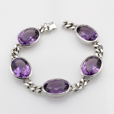 27116510a - Panzerarmband mit Amethysten, WG 585/000, 5 ovale Amethyste in glatten Fassungen zus. ...