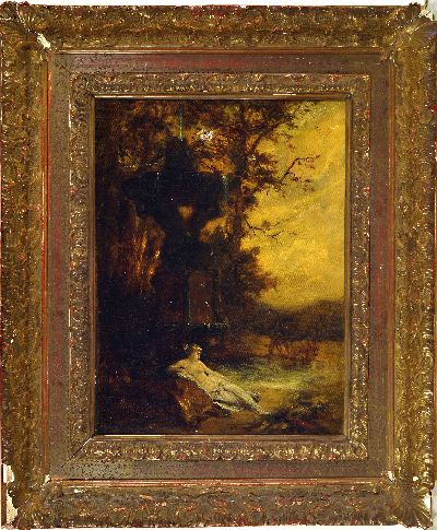 27116521k - Prof. August Holmberg, 1851-1911 München, Landschaft mit Nymphäum, an einen Stein ...