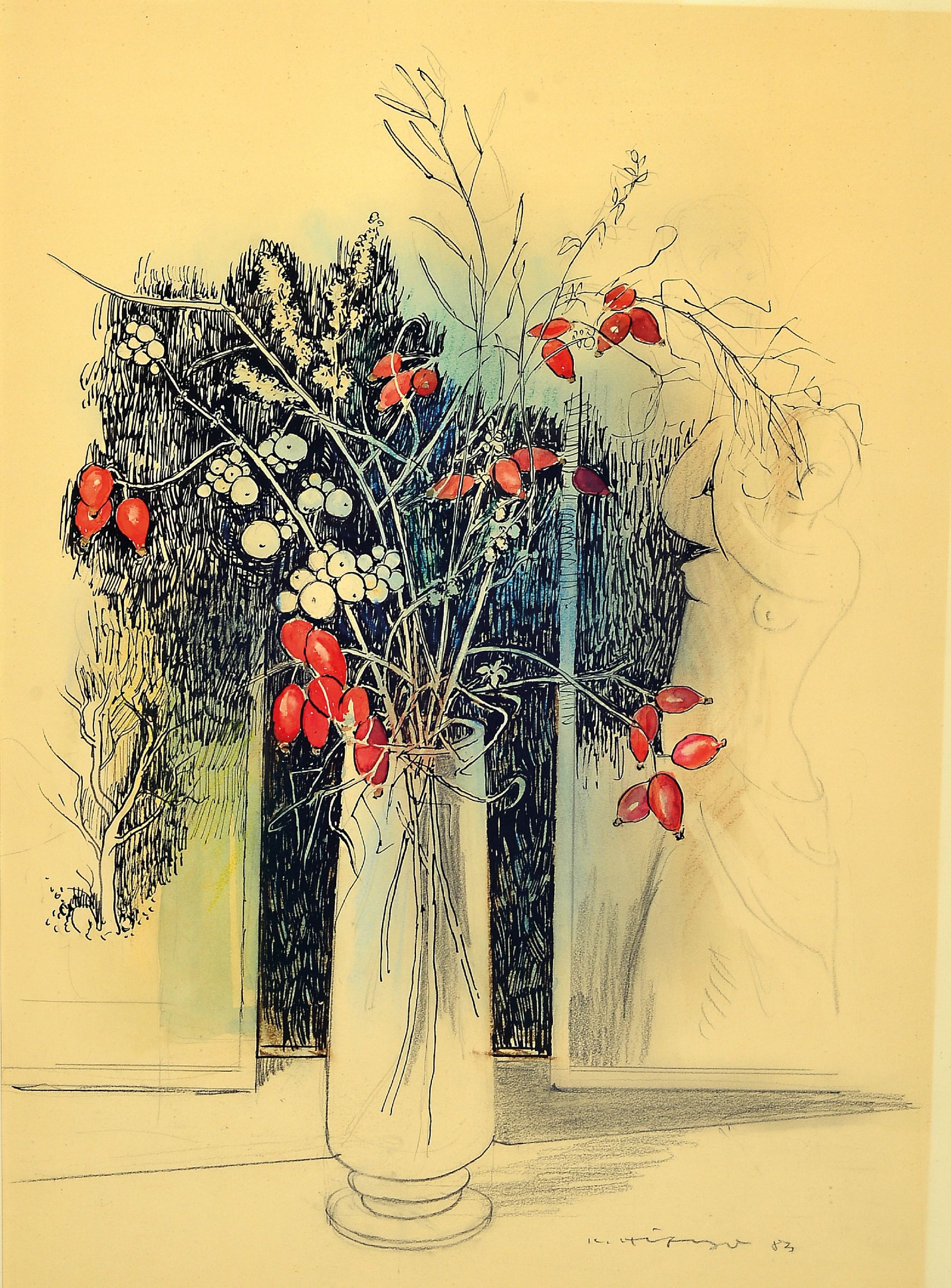 Detail a: Karl Hufnagel, 1906 Harthausen-1995 Speyer, 2 aquarellierte Tuschezeichnungen: Stillleben mit Disteln und Brille, sign. ca. 40x25cm, PP,u.Gl., R. ca. ...