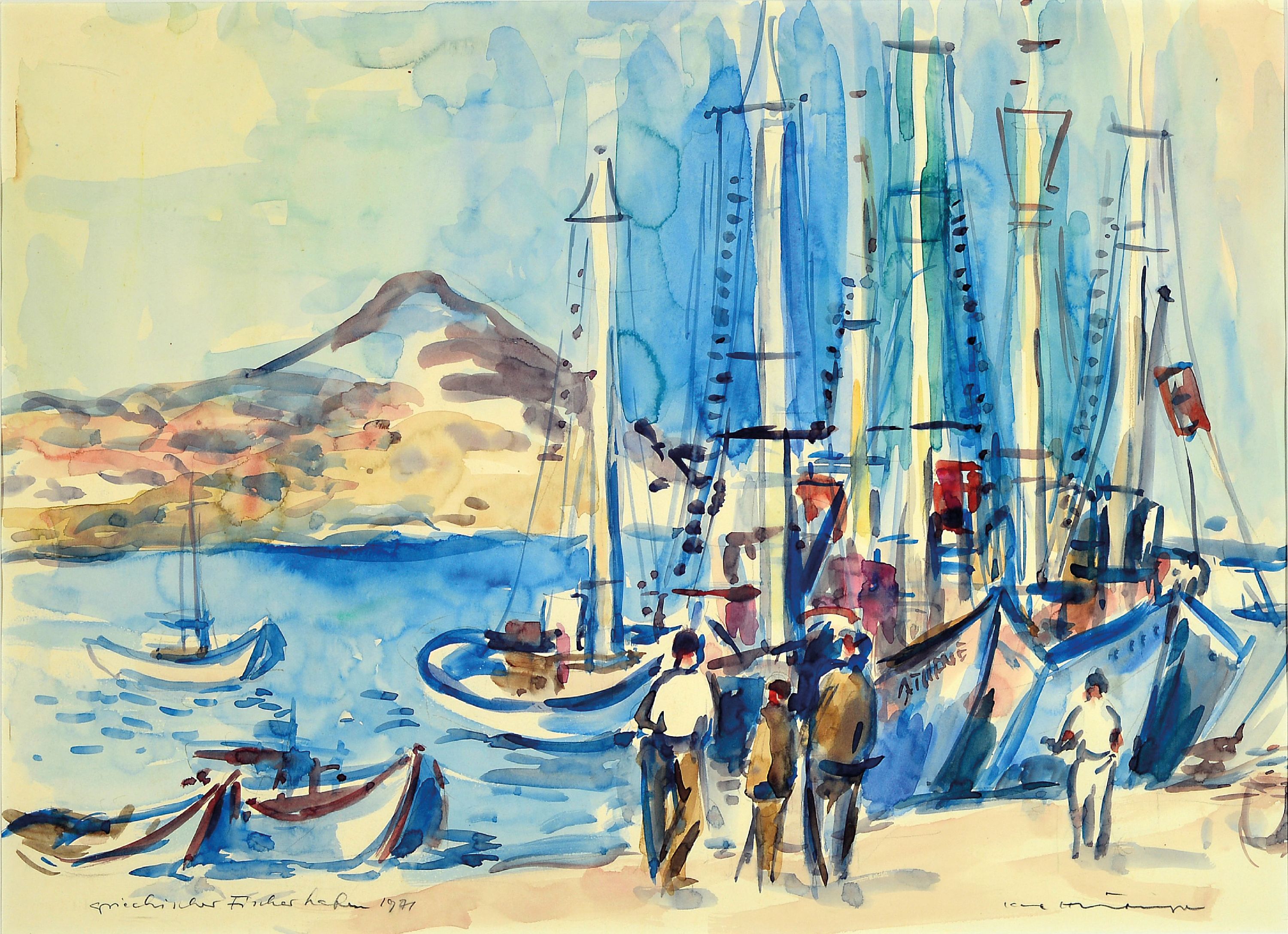 Detail a: Karl Hufnagel, 1906 Harthausen-1995 Speyer, 2 Aquarelle auf Papier: 1) griechischer Fischerhafen, sign., betitelt und dat. 1971, ca. 35x48cm, PP, ...