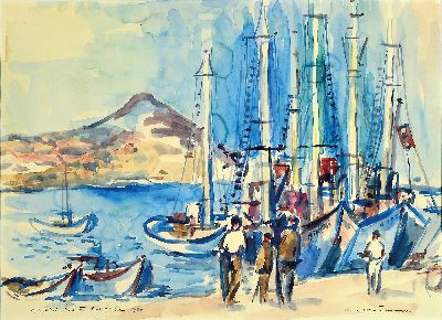 27117161a - Karl Hufnagel, 1906 Harthausen-1995 Speyer, 2 watercolors on paper: 1) Greek fishing ...