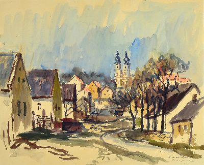 27117162b - Karl Hufnagel, 1906 Harthausen-1995 Speyer, 3 Aquarelle auf Papier: 1) Ansicht aus ...