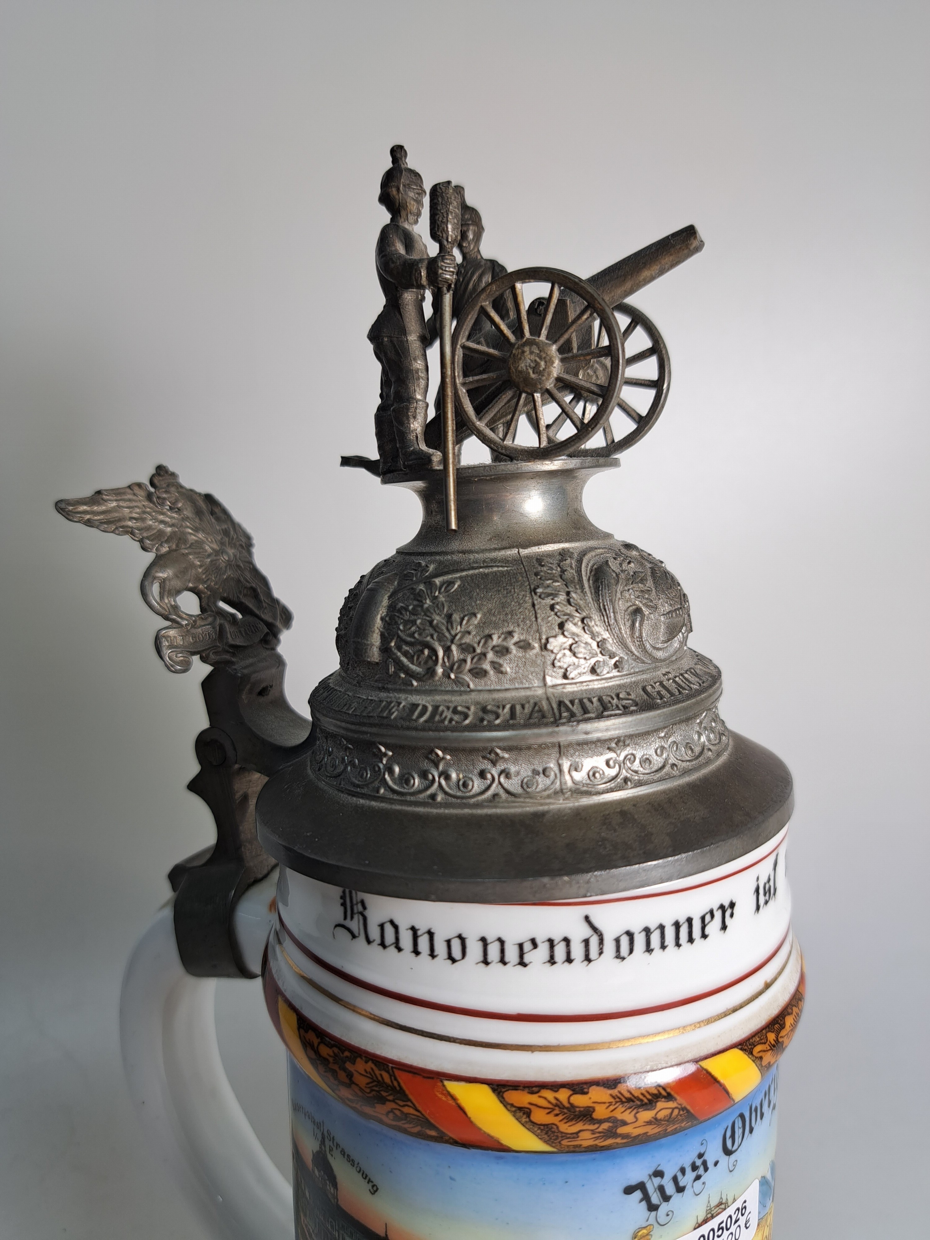 Detail h: Reservistenkrug, 6. Komp.Bad Fuls. Art.Regt. No. 14, Strassburg, 1902-04, Zinndeckel mit Bekrönung, Lithophanie, Umdruckdekor und bemalt, H. ca. 28 ...