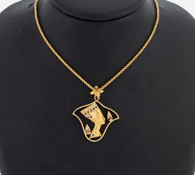 Image 18 kt Gold Farbstein-Diamant-Anhänger ´Nofretete´, GG 750/000, rundfacett. Saphire, ...