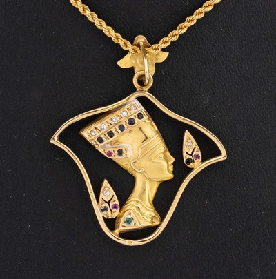 27117226a - 18 kt Gold Farbstein-Diamant-Anhänger ´Nofretete´, GG 750/000, rundfacett. Saphire, ...