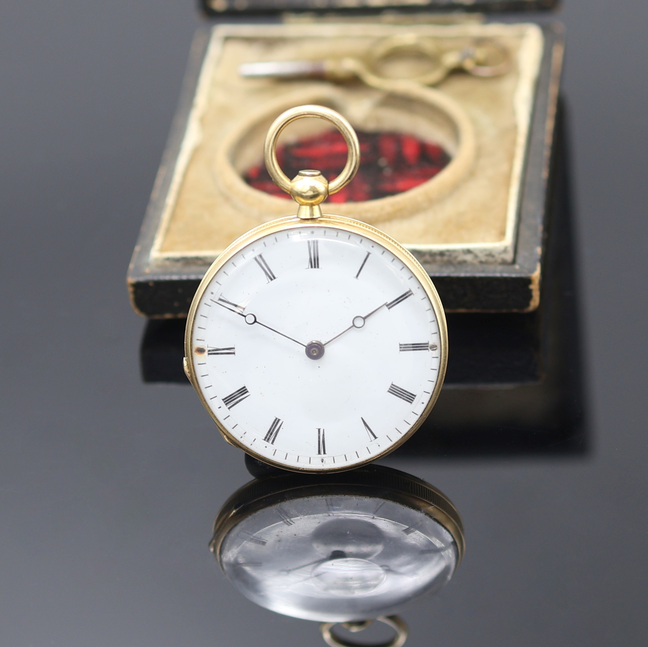 Image 27117301 - Offene Taschenuhr in GG 750/000, Schweiz um 1880, Schlüsselaufzug, guill. Geh. dell., ...