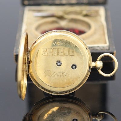 27117301b - Offene Taschenuhr in GG 750/000, Schweiz um 1880, Schlüsselaufzug, guill. Geh. dell., ...