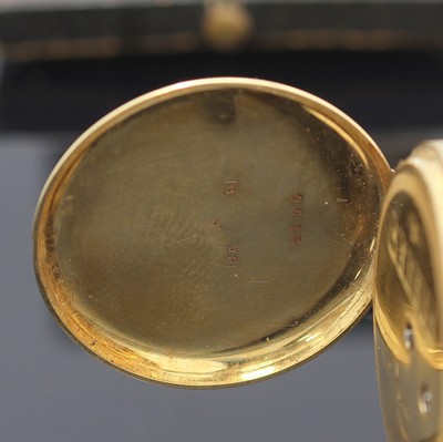 27117301c - Offene Taschenuhr in GG 750/000, Schweiz um 1880, Schlüsselaufzug, guill. Geh. dell., ...