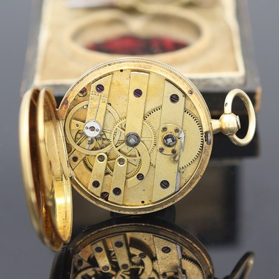 27117301d - Offene Taschenuhr in GG 750/000, Schweiz um 1880, Schlüsselaufzug, guill. Geh. dell., ...
