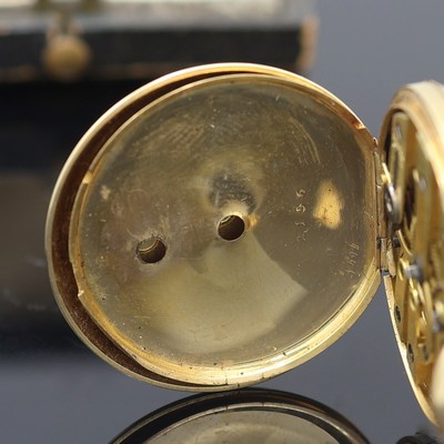 27117301e - Offene Taschenuhr in GG 750/000, Schweiz um 1880, Schlüsselaufzug, guill. Geh. dell., ...