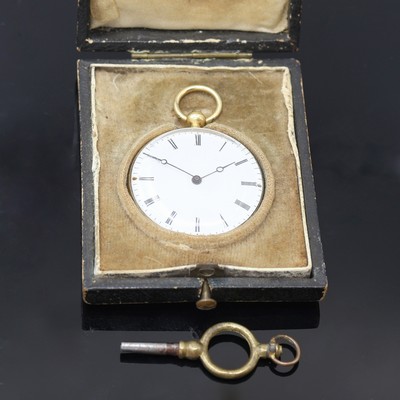 27117301f - Offene Taschenuhr in GG 750/000, Schweiz um 1880, Schlüsselaufzug, guill. Geh. dell., ...