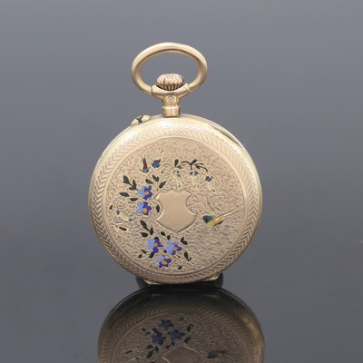 27117303a - Offene Damentaschenuhr in GG 585/000, Schweiz um 1900, grav. Geh. dell., floral grav. ...