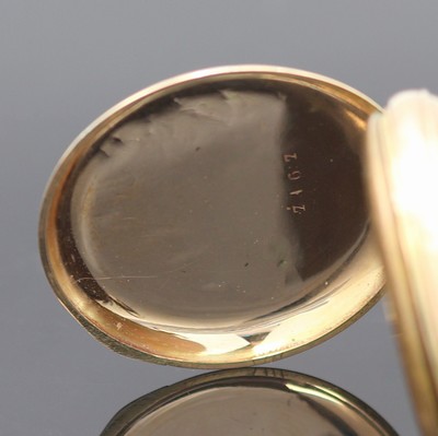 27117303c - Offene Damentaschenuhr in GG 585/000, Schweiz um 1900, grav. Geh. dell., floral grav. ...