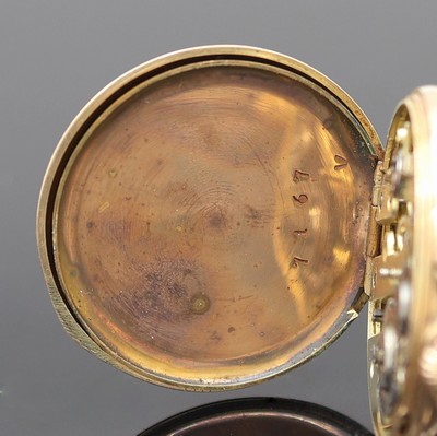 27117303e - Offene Damentaschenuhr in GG 585/000, Schweiz um 1900, grav. Geh. dell., floral grav. ...