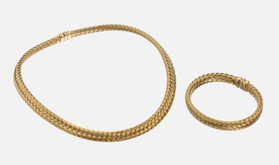 Image 14 kt Gold Schmuckset, GG 585/000, Flechtarbeit, best. aus: 1 Collier, D. ca. 12 cm, ...