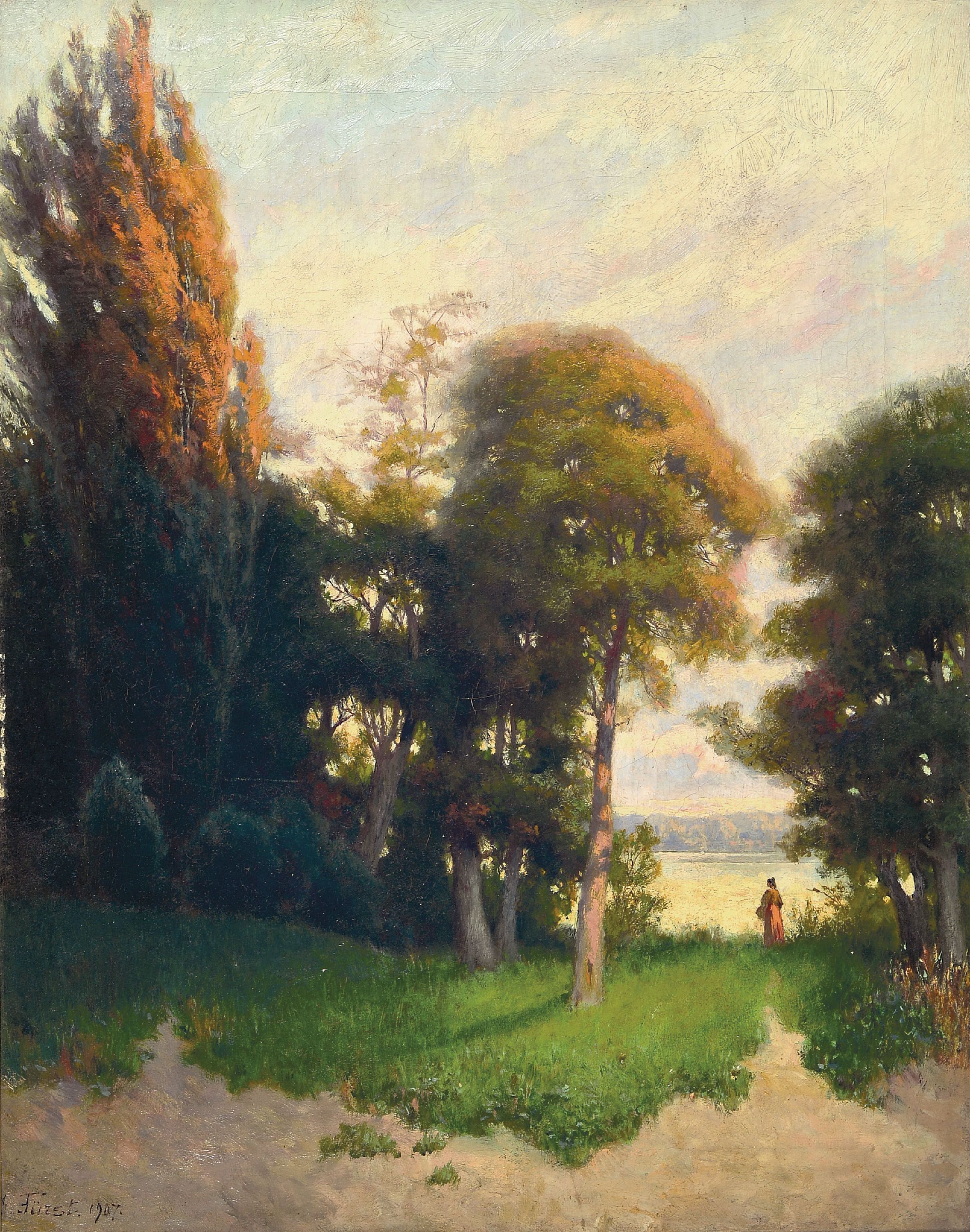 Image 27117414 - Edmund Fürst, 1874 - 1955, , Sommerlandschaft mit Spaziergängerin, signiert und dat. ...