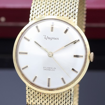 27117436a - Herrenarmbanduhr bezeichnet Wagner in GG 585/000, Schweiz um 1970, Handaufzug, Goldband, ...