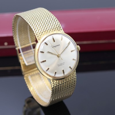27117436b - Herrenarmbanduhr bezeichnet Wagner in GG 585/000, Schweiz um 1970, Handaufzug, Goldband, ...