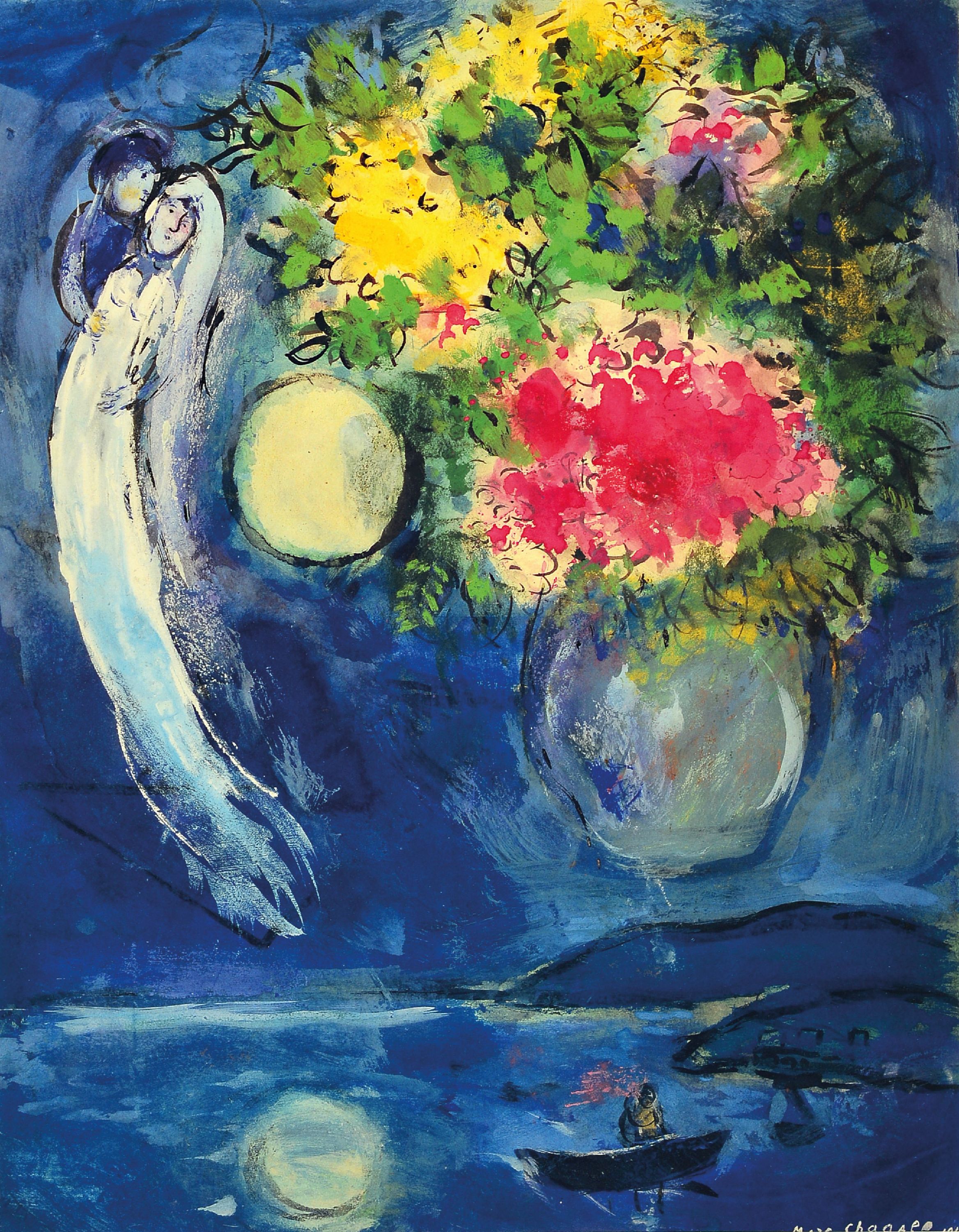 Image 27117516 - Nach Marc Chagall (1887-1985), Granolithographie auf Rives, Liebespaar mit Blumenstrauss ...