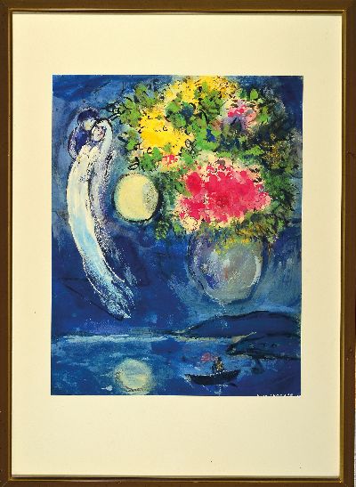 27117516k - Nach Marc Chagall (1887-1985), Granolithographie auf Rives, Liebespaar mit Blumenstrauss ...