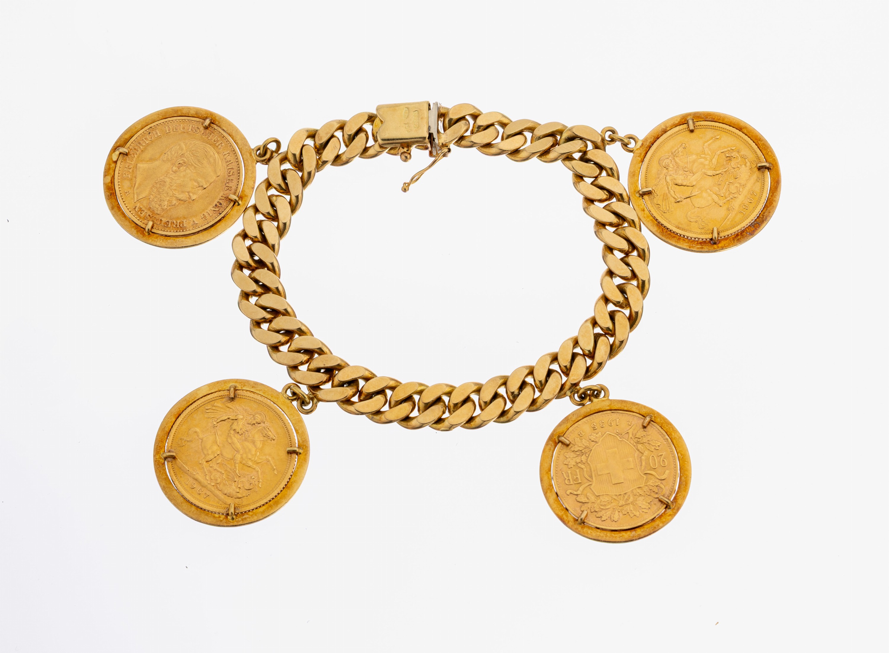 Detail a: 18 kt Gold Münz-Armband, GG 750/000, schwere qualitätvolle Verarbeitung, lose gefasste Goldmünzen, 1 x 20 Mark, Deutsches Reich 1888, Friedrich ...