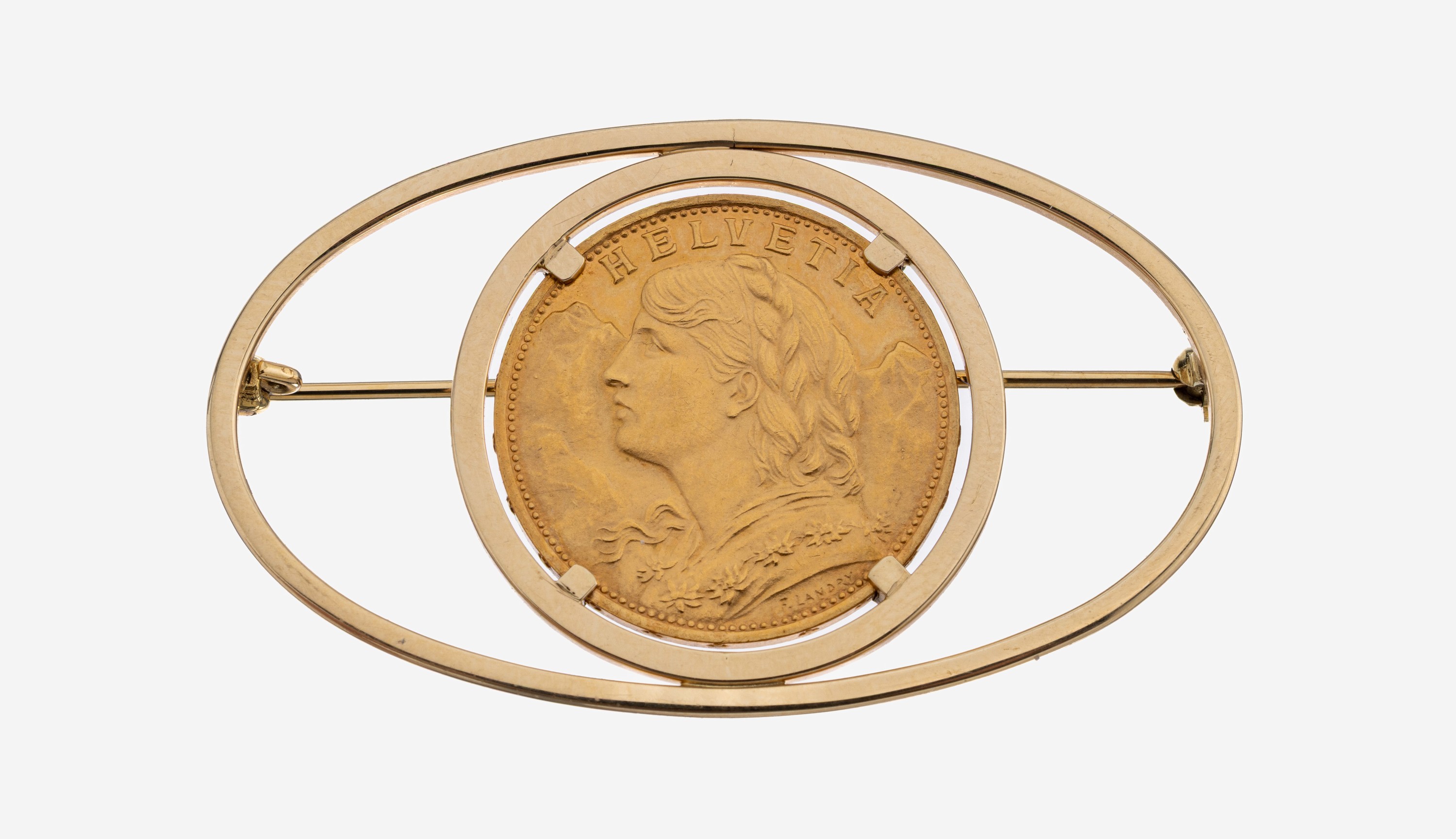 Image 27117678 - 14 kt Gold Münz-Brosche, GG 585/000, gefasste Goldmünze, 20 Franken, Schweiz, ...
