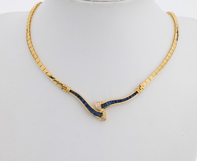 Image 18 kt gold sapphire-brilliant-necklace , YG 750/000, swung middle part with sapphire- ...
