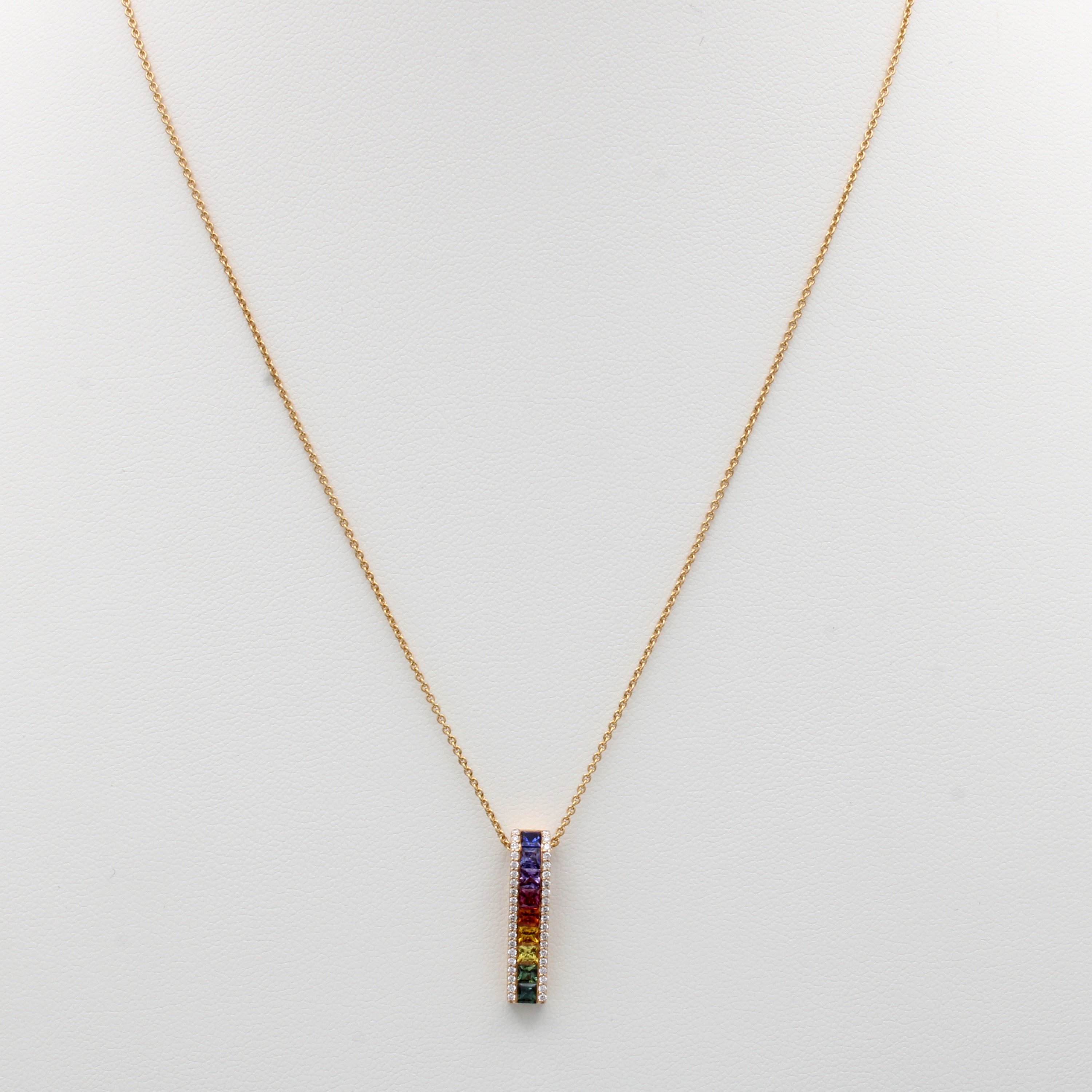 Image 27117766 - Anhänger mit Saphiren und Brillanten an Kette, RG 750/000, 9 bunte Saphircarrées zus. ...