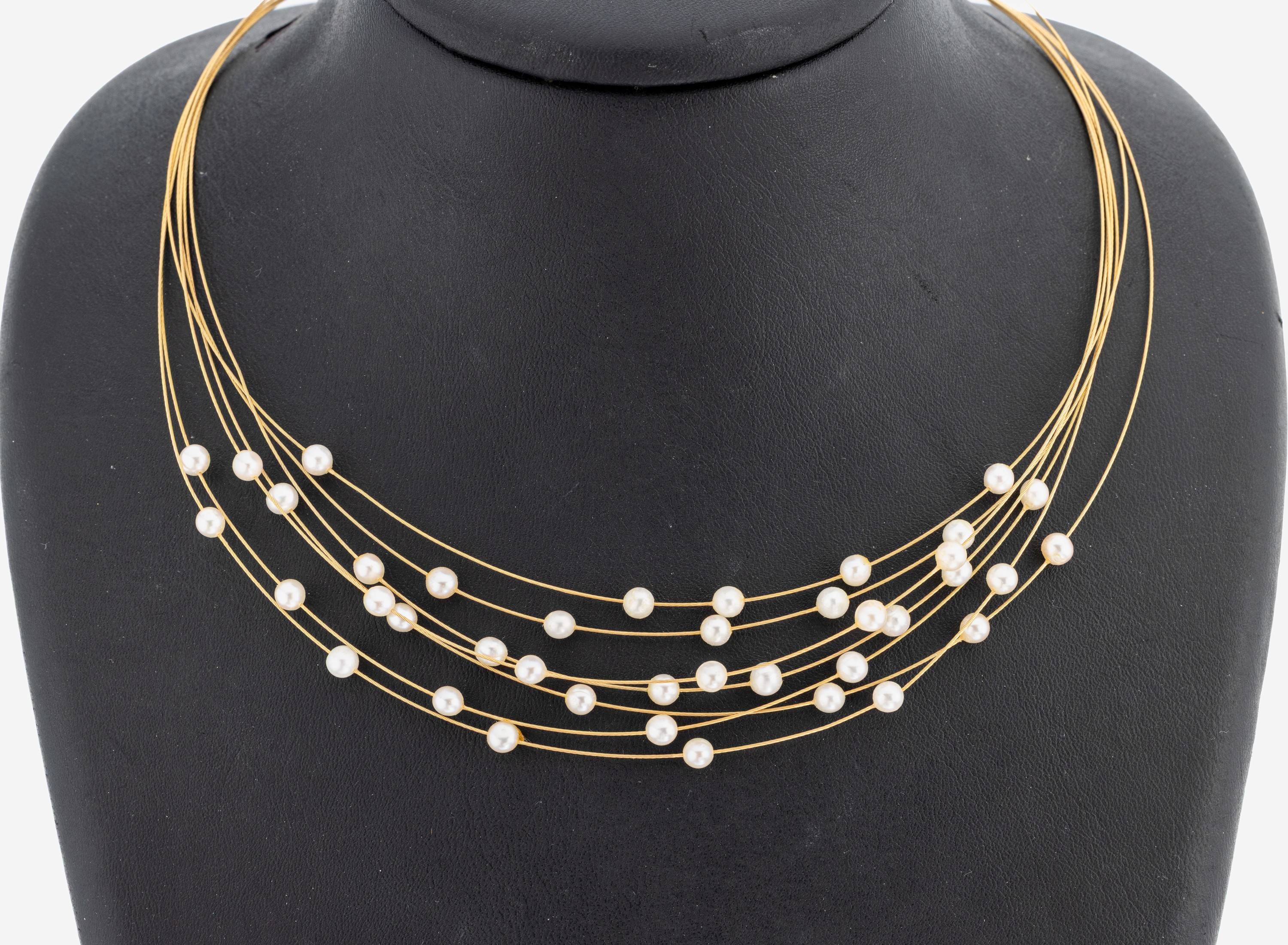 Image 27117840 - 14 kt Gold Perl-Collier, GG 585/000, 7-rhg.kl. Zuchtperlen als Zwischenglieder, L. ca. ...