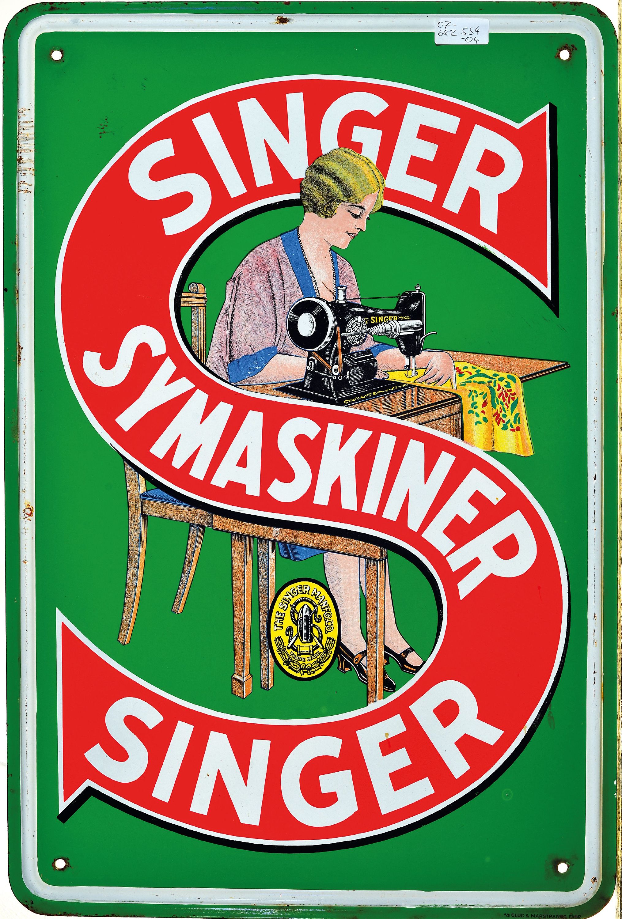 Image 27117980 - Emailschild Singer Symaskiner, Dänemark, 1930er-Jahre, Metall mehrfarbig emailliert, ...