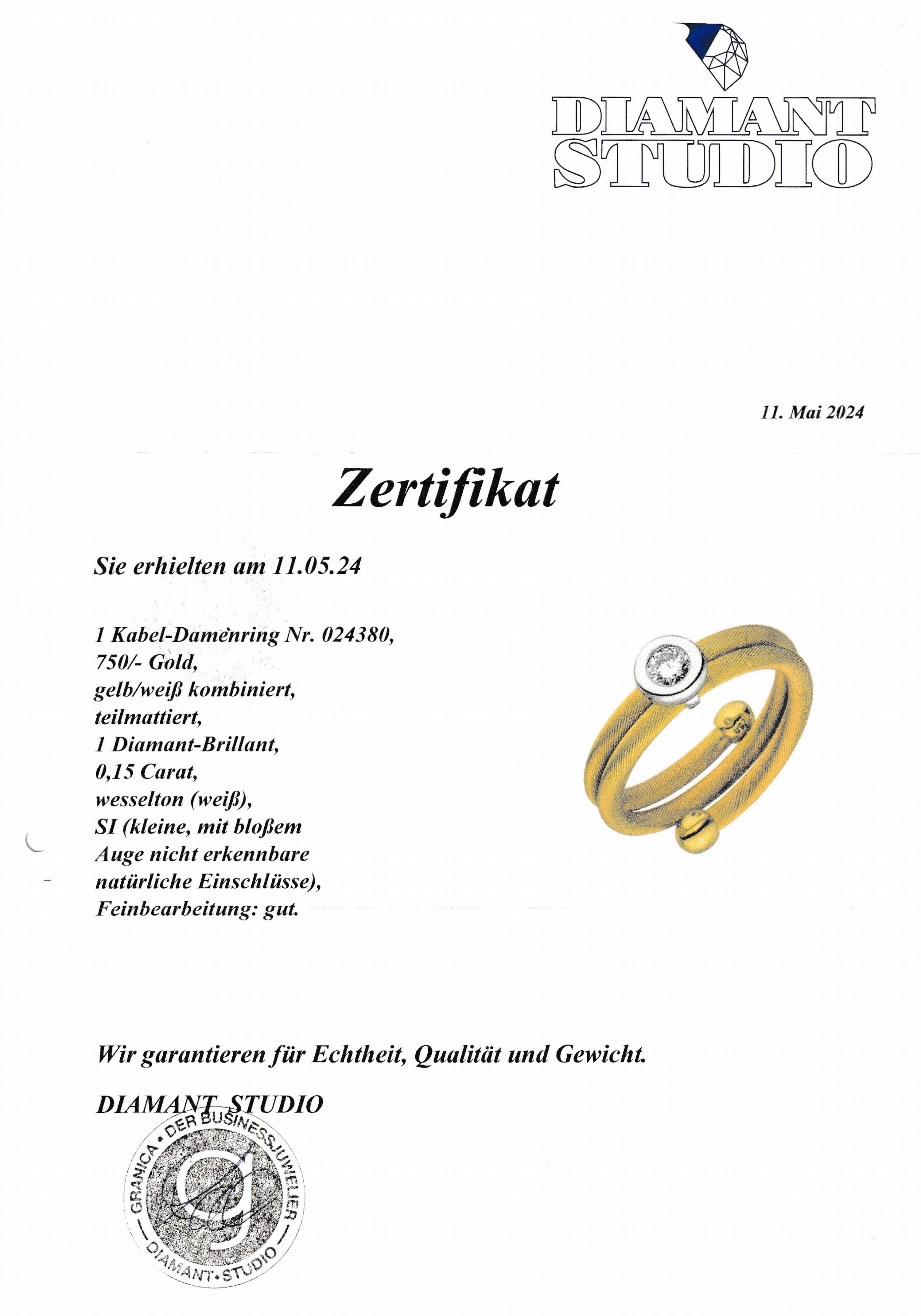 Detail a: Ausgefallener 18 kt Gold Brillant-Ring, GG/WG 750/000, in WG gefasster Brillant ca. 0.15 ct Weiß/si, Ringschiene aus gekordeltem Golddraht, RW ...