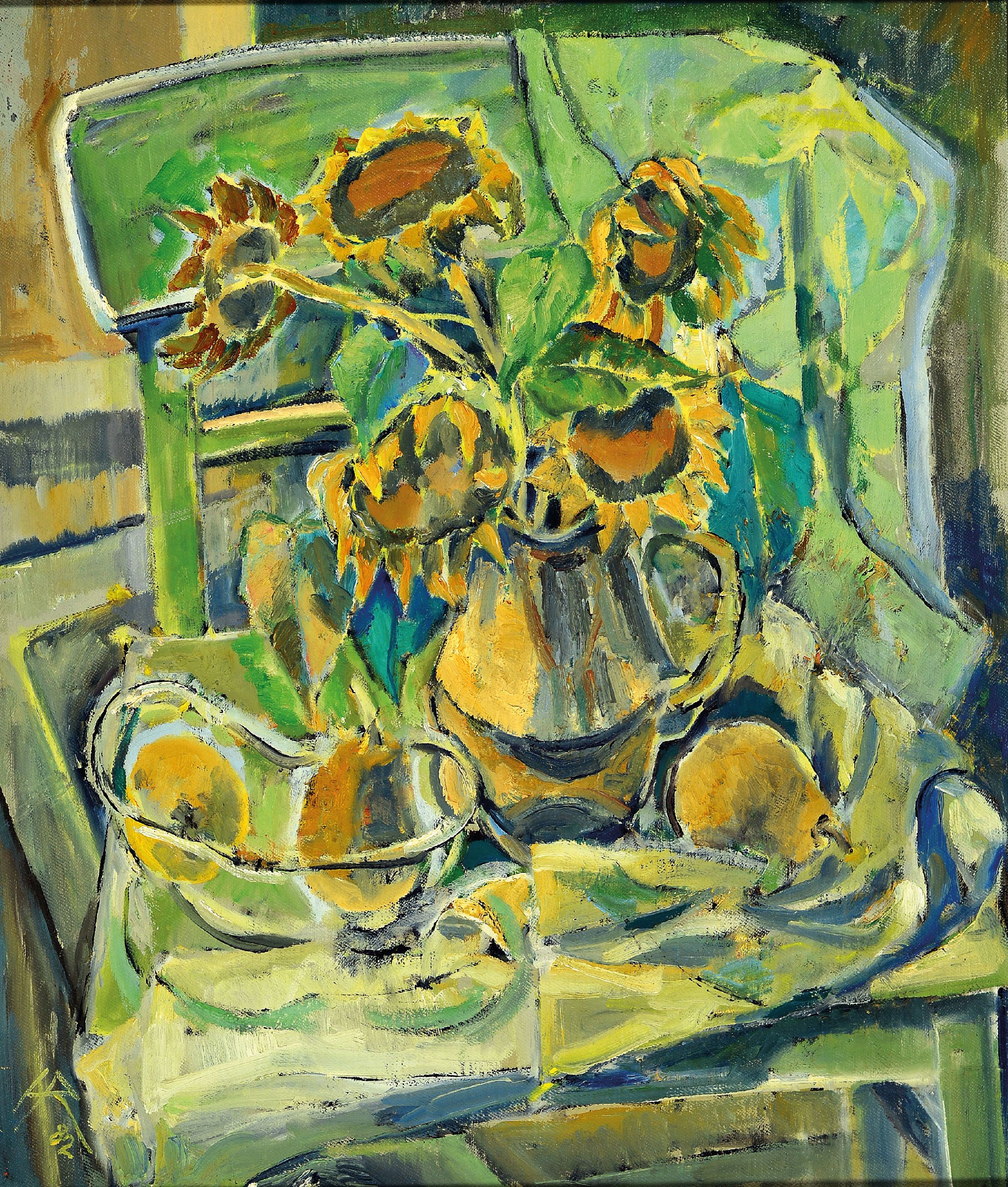 Image 27118048 - Heinz Reiss, 1923 Haßloch-2008, Stillleben mit Sonnenblumen und Birnen auf einem ...