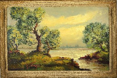 27118045k - Karl Philipp Spitzer, 1887-1954 Speyer, farbstarke Altrheinlandschaft mit detailliertem ...